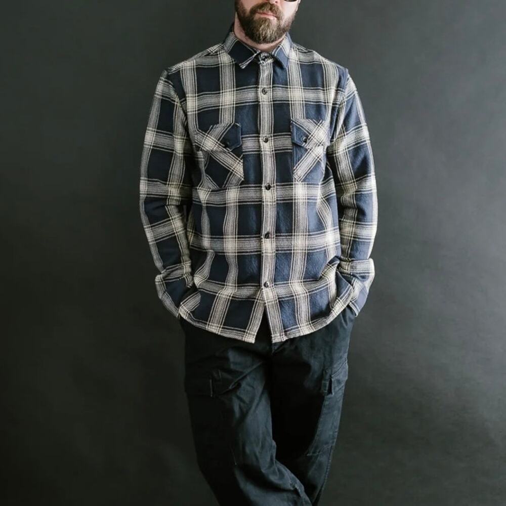 3sixteen Crosscut Flannel Midnight Navy Plaid Jacquard Textured Shirt S NEW LS